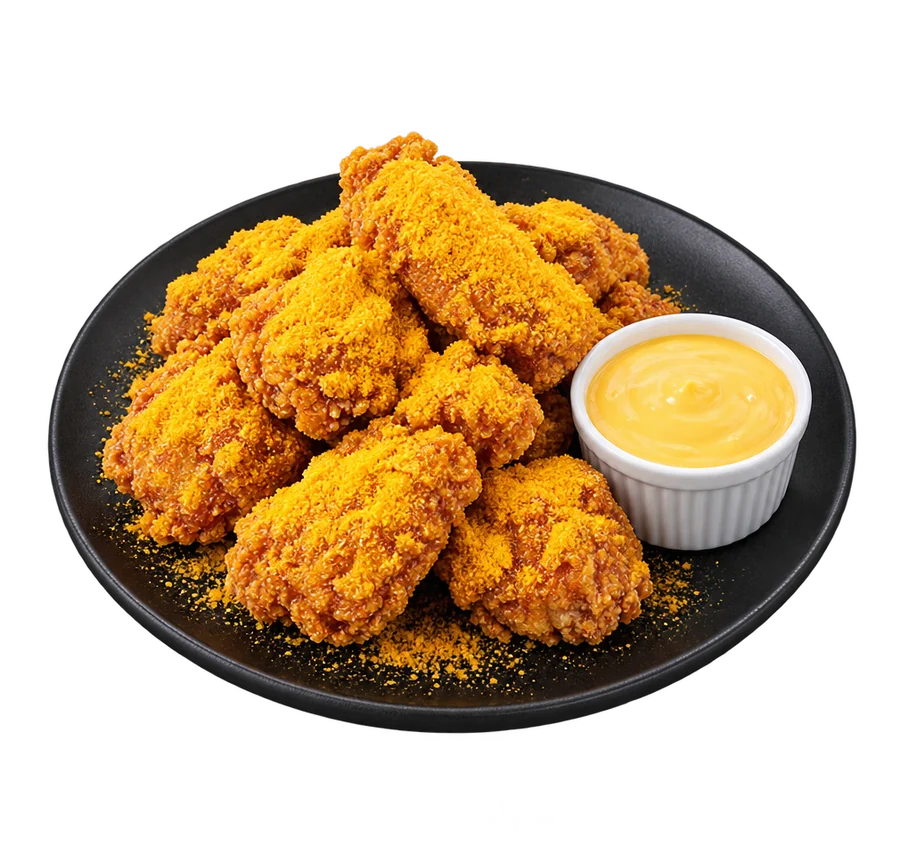 Cheese Monster chicken dusted in cheese powder with cheese dipping sauce
