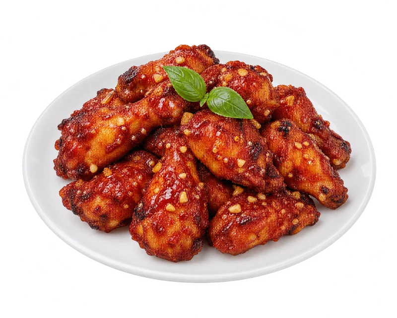 Garlic spicy tikkudak wings on a white plate, glazed and topped with basil
