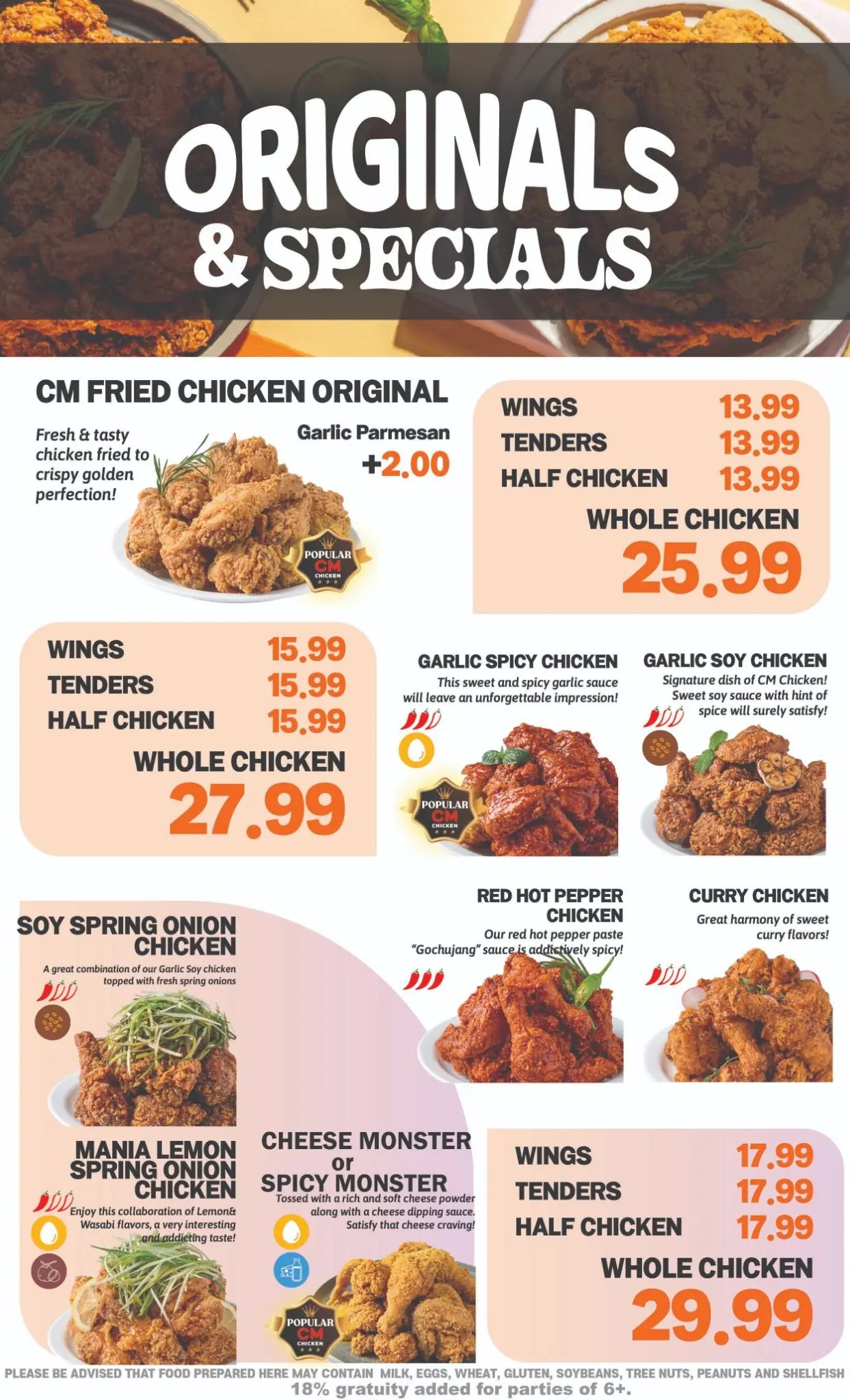 Printed menu page 1: Originals and Specials