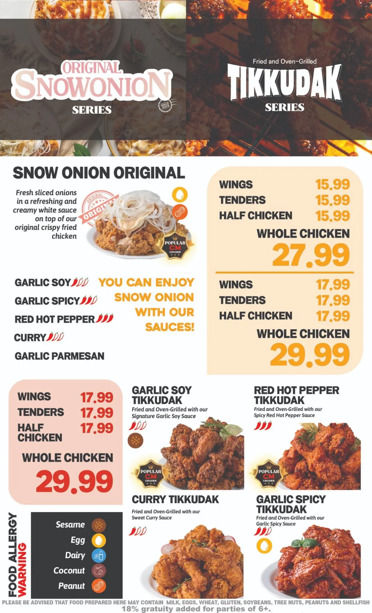 Printed menu page 2: Snow Onion series and Tikkudak series